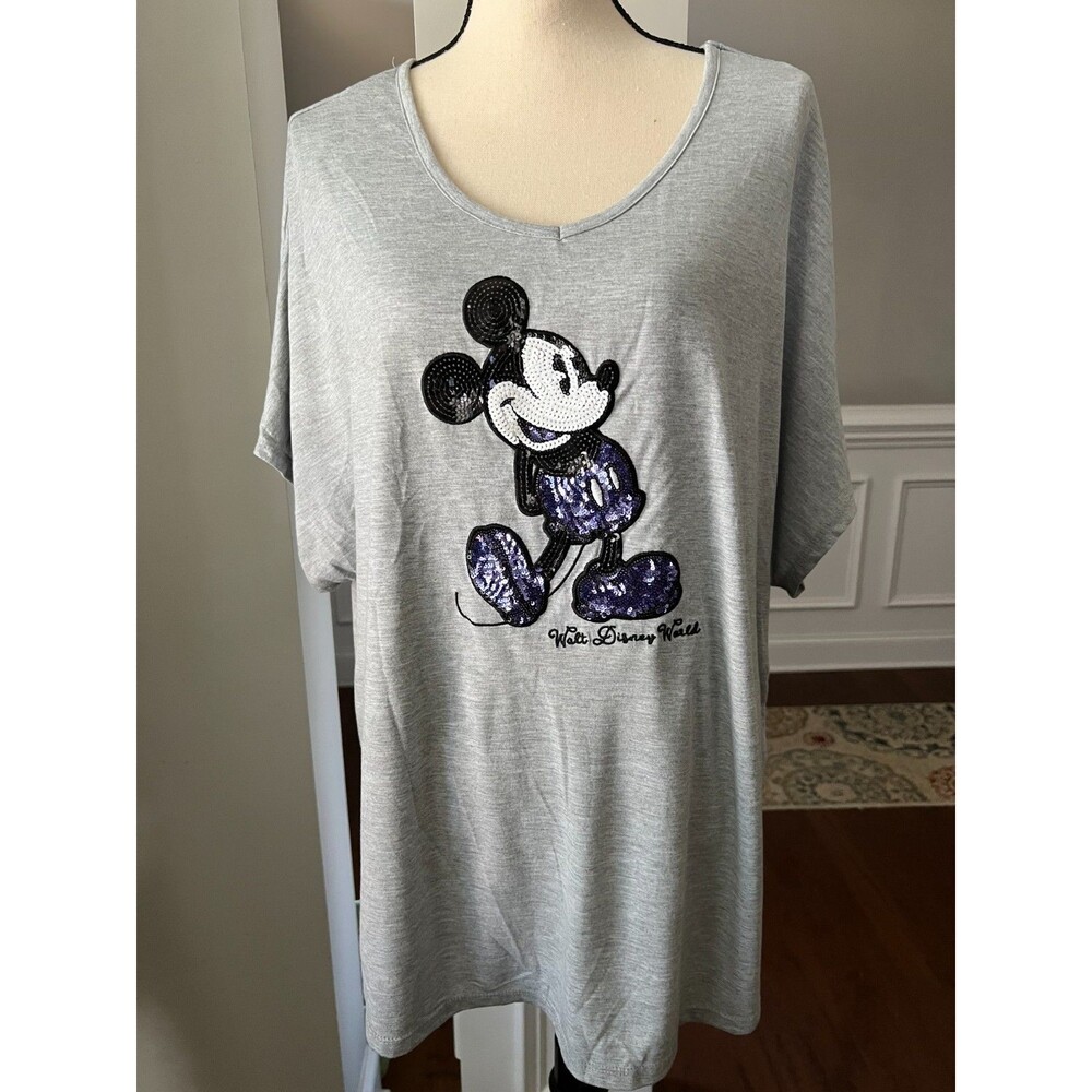 Women's Disney Parks Sequined/Embroidered V-Neck T Shirt Gray Sz 1X